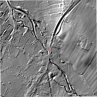 Shaded relief map of the ground around GL27AL, computed from Environment Agency LiDAR. The ground here sits at about 12 m above sea level and falls 16 m across the surrounding 800 m. Surface water reaching this point runs off ground lying to the east, 14.9 m higher.