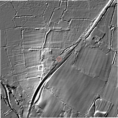 Shaded relief map of the ground around GL27AN, computed from Environment Agency LiDAR. The ground here sits at about 16 m above sea level and falls 15 m across the surrounding 800 m. Surface water reaching this point runs off ground lying to the south-west, 2.9 m higher.