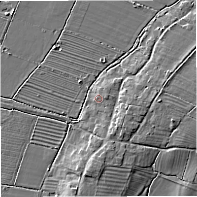 Shaded relief map of the ground around GL27AQ, computed from Environment Agency LiDAR. The ground here sits at about 9 m above sea level and falls 8 m across the surrounding 800 m. Surface water reaching this point runs off ground lying to the east, 1.2 m higher.