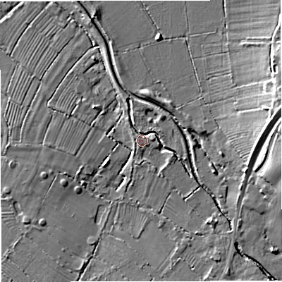 Shaded relief map of the ground around GL27AT, computed from Environment Agency LiDAR. The ground here sits at about 11 m above sea level and falls 12 m across the surrounding 800 m. Surface water reaching this point runs off ground lying to the east-south-east, 2.6 m higher.