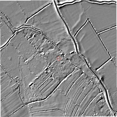 Shaded relief map of the ground around GL27AU, computed from Environment Agency LiDAR. The ground here sits at about 9 m above sea level and falls 6 m across the surrounding 800 m. Surface water reaching this point runs off ground lying to the south-west, 2.3 m higher.
