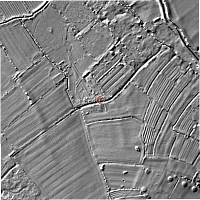 Shaded relief map of the ground around GL27AX, computed from Environment Agency LiDAR. The ground here sits at about 10 m above sea level and falls 6 m across the surrounding 800 m. Surface water reaching this point runs off ground lying to the south, 1.1 m higher.