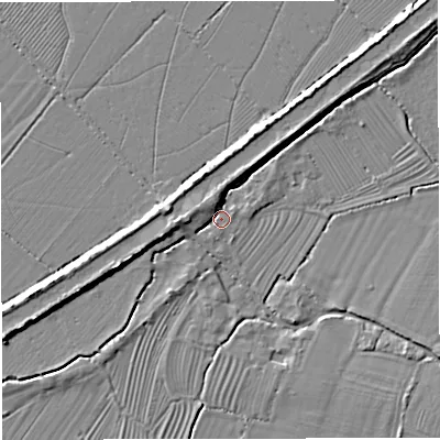 Shaded relief map of the ground around GL27BP, computed from Environment Agency LiDAR. The ground here sits at about 8 m above sea level and falls 5 m across the surrounding 800 m. Surface water reaching this point runs off ground lying to the west, 3.9 m higher.