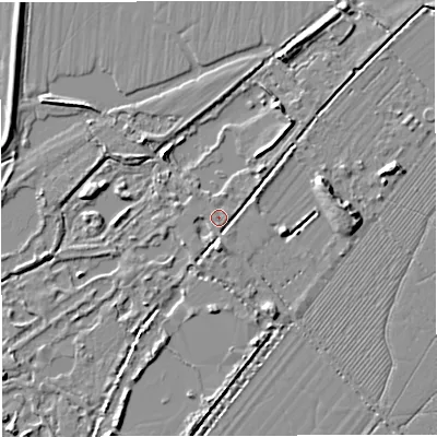 Shaded relief map of the ground around GL27BS, computed from Environment Agency LiDAR. The ground here sits at about 8 m above sea level and falls 6 m across the surrounding 800 m. Surface water reaching this point runs off ground lying to the south, 2.5 m higher.