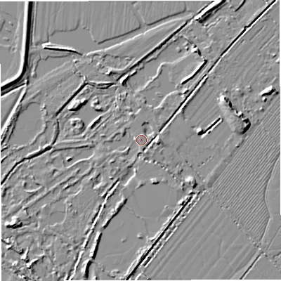 Shaded relief map of the ground around GL27BT, computed from Environment Agency LiDAR. The ground here sits at about 8 m above sea level and falls 6 m across the surrounding 800 m. Surface water reaching this point runs off ground lying to the south-south-west, 3.1 m higher.