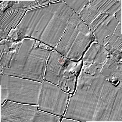 Shaded relief map of the ground around GL27BW, computed from Environment Agency LiDAR. The ground here sits at about 10 m above sea level and falls 9 m across the surrounding 800 m. Surface water reaching this point runs off ground lying to the south-south-east, 1.1 m higher.