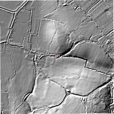 Shaded relief map of the ground around GL27DL, computed from Environment Agency LiDAR. The ground here sits at about 10 m above sea level and falls 20 m across the surrounding 800 m. Surface water reaching this point runs off ground lying to the south-east, 14.0 m higher.