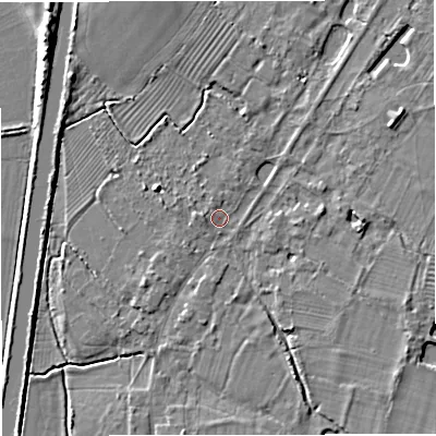 Shaded relief map of the ground around GL27DY, computed from Environment Agency LiDAR. The ground here sits at about 10 m above sea level and falls 6 m across the surrounding 800 m. Surface water reaching this point runs off ground lying to the north-north-east, 1.3 m higher.