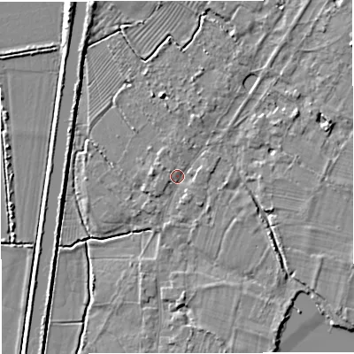 Shaded relief map of the ground around GL27EA, computed from Environment Agency LiDAR. The ground here sits at about 10 m above sea level and falls 5 m across the surrounding 800 m. Surface water reaching this point runs off ground lying to the east-north-east, 3.2 m higher.