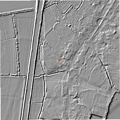Shaded relief map of the ground around GL27EB, computed from Environment Agency LiDAR. The ground here sits at about 9 m above sea level and falls 5 m across the surrounding 800 m. Surface water reaching this point runs off ground lying to the north-east, 1.8 m higher.