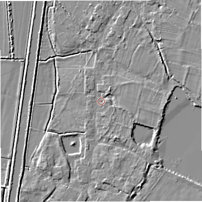 Shaded relief map of the ground around GL27ED, computed from Environment Agency LiDAR. The ground here sits at about 10 m above sea level and falls 5 m across the surrounding 800 m. Surface water reaching this point runs off ground lying to the south-south-east, 3.0 m higher.