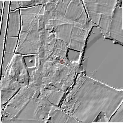 Shaded relief map of the ground around GL27EE, computed from Environment Agency LiDAR. The ground here sits at about 11 m above sea level and falls 6 m across the surrounding 800 m. Surface water reaching this point runs off ground lying to the south-east, 2.0 m higher.