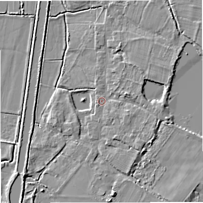 Shaded relief map of the ground around GL27EG, computed from Environment Agency LiDAR. The ground here sits at about 10 m above sea level and falls 6 m across the surrounding 800 m. Surface water reaching this point runs off ground lying to the east-south-east, 2.5 m higher.