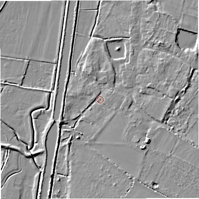 Shaded relief map of the ground around GL27EH, computed from Environment Agency LiDAR. The ground here sits at about 9 m above sea level and falls 7 m across the surrounding 800 m. Surface water reaching this point runs off ground lying to the south-east, 4.5 m higher.