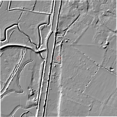 Shaded relief map of the ground around GL27EJ, computed from Environment Agency LiDAR. The ground here sits at about 9 m above sea level and falls 8 m across the surrounding 800 m. Surface water reaching this point runs off ground lying to the east-north-east, 6.2 m higher.