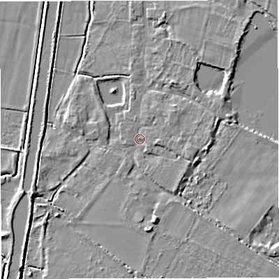 Shaded relief map of the ground around GL27EQ, computed from Environment Agency LiDAR. The ground here sits at about 10 m above sea level and falls 6 m across the surrounding 800 m. Surface water reaching this point runs off ground lying to the east, 2.0 m higher.