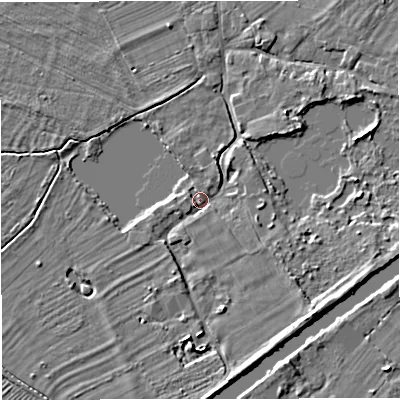 Shaded relief map of the ground around GL27JB, computed from Environment Agency LiDAR. The ground here sits at about 8 m above sea level and falls 5 m across the surrounding 800 m. Surface water reaching this point runs off ground lying to the south-east, 4.7 m higher.