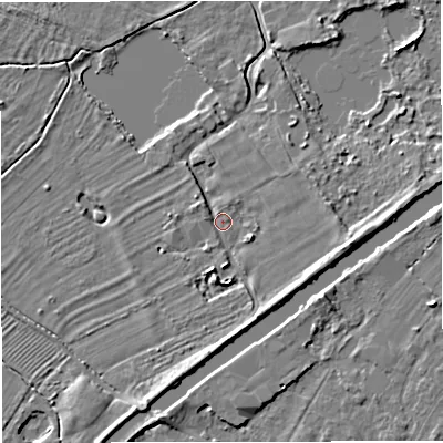 Shaded relief map of the ground around GL27JD, computed from Environment Agency LiDAR. The ground here sits at about 8 m above sea level and falls 5 m across the surrounding 800 m. Surface water reaching this point runs off ground lying to the east, 4.2 m higher.