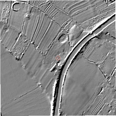 Shaded relief map of the ground around GL27JE, computed from Environment Agency LiDAR. The ground here sits at about 11 m above sea level and falls 7 m across the surrounding 800 m. Surface water reaching this point runs off ground lying to the south, 3.1 m higher.