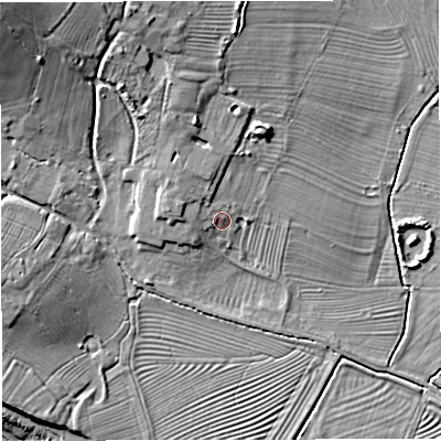 Shaded relief map of the ground around GL27JF, computed from Environment Agency LiDAR. The ground here sits at about 10 m above sea level and falls 21 m across the surrounding 800 m. Surface water reaching this point runs off ground lying to the west-north-west, 1.6 m higher.