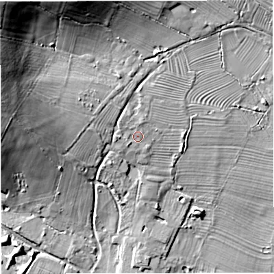 Shaded relief map of the ground around GL27JG, computed from Environment Agency LiDAR. The ground here sits at about 16 m above sea level and falls 28 m across the surrounding 800 m. Surface water reaching this point runs off ground lying to the west, 2.4 m higher.