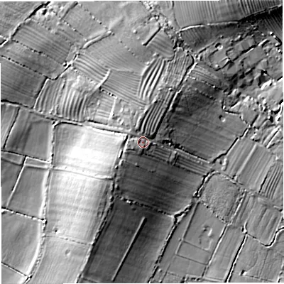 Shaded relief map of the ground around GL27JH, computed from Environment Agency LiDAR. The ground here sits at about 15 m above sea level and falls 11 m across the surrounding 800 m. Surface water reaching this point runs off ground lying to the west-south-west, 2.1 m higher.