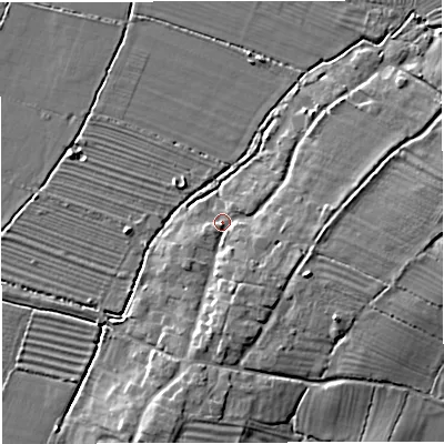 Shaded relief map of the ground around GL27JN, computed from Environment Agency LiDAR. The ground here sits at about 8 m above sea level and falls 7 m across the surrounding 800 m. Surface water reaching this point runs off ground lying to the east-south-east, 5.4 m higher.