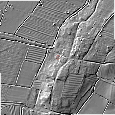 Shaded relief map of the ground around GL27JR, computed from Environment Agency LiDAR. The ground here sits at about 8 m above sea level and falls 8 m across the surrounding 800 m. Surface water reaching this point runs off ground lying to the south, 4.8 m higher.