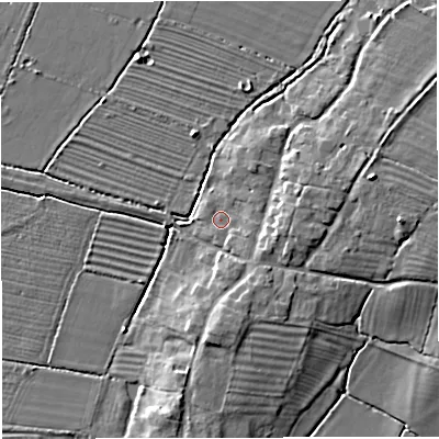 Shaded relief map of the ground around GL27JS, computed from Environment Agency LiDAR. The ground here sits at about 8 m above sea level and falls 8 m across the surrounding 800 m. Surface water reaching this point runs off ground lying to the east-south-east, 1.9 m higher.