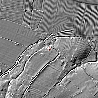 Shaded relief map of the ground around GL27JU, computed from Environment Agency LiDAR. The ground here sits at about 10 m above sea level and falls 9 m across the surrounding 800 m. Surface water reaching this point runs off ground lying to the south-south-west, 5.5 m higher.