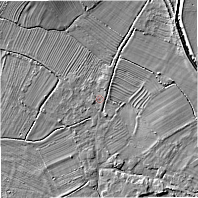 Shaded relief map of the ground around GL27JX, computed from Environment Agency LiDAR. The ground here sits at about 7 m above sea level and falls 4 m across the surrounding 800 m. Surface water reaching this point runs off ground lying to the east-north-east, 3.2 m higher.