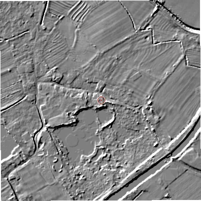 Shaded relief map of the ground around GL27JY, computed from Environment Agency LiDAR. The ground here sits at about 9 m above sea level and falls 6 m across the surrounding 800 m. Surface water reaching this point runs off ground lying to the east, 4.3 m higher.
