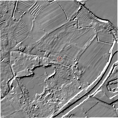 Shaded relief map of the ground around GL27JZ, computed from Environment Agency LiDAR. The ground here sits at about 9 m above sea level and falls 6 m across the surrounding 800 m. Surface water reaching this point runs off ground lying to the east-south-east, 3.5 m higher.