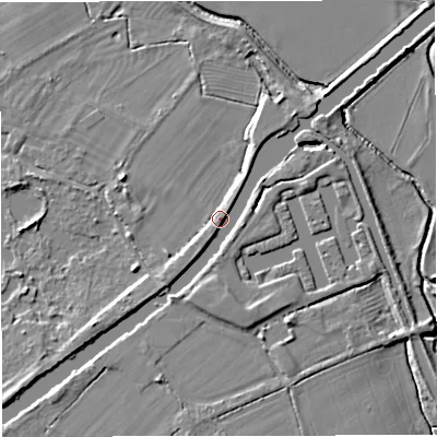 Shaded relief map of the ground around GL27LA, computed from Environment Agency LiDAR. The ground here sits at about 11 m above sea level and falls 6 m across the surrounding 800 m. Surface water reaching this point runs off ground lying to the south-east, 4.8 m higher.