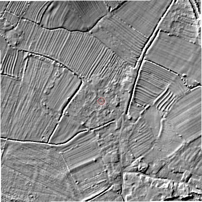Shaded relief map of the ground around GL27LB, computed from Environment Agency LiDAR. The ground here sits at about 7 m above sea level and falls 4 m across the surrounding 800 m. Surface water reaching this point runs off ground lying to the west, 0.8 m higher.