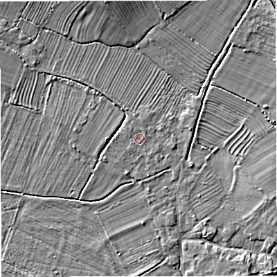 Shaded relief map of the ground around GL27LD, computed from Environment Agency LiDAR. The ground here sits at about 8 m above sea level and falls 5 m across the surrounding 800 m. Surface water reaching this point runs off ground lying to the west, 0.6 m higher.