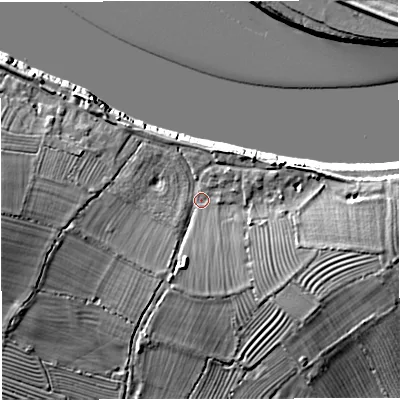 Shaded relief map of the ground around GL27LE, computed from Environment Agency LiDAR. The ground here sits at about 9 m above sea level and falls 10 m across the surrounding 800 m. Surface water reaching this point runs off ground lying to the south-south-west, 5.1 m higher.
