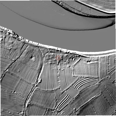 Shaded relief map of the ground around GL27LF, computed from Environment Agency LiDAR. The ground here sits at about 10 m above sea level and falls 9 m across the surrounding 800 m. Surface water reaching this point runs off ground lying to the south-south-east, 5.1 m higher.