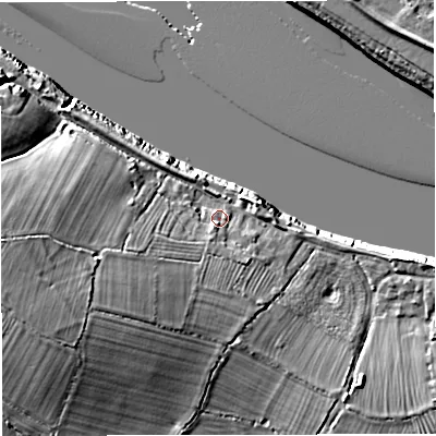 Shaded relief map of the ground around GL27LG, computed from Environment Agency LiDAR. The ground here sits at about 10 m above sea level and falls 16 m across the surrounding 800 m. Surface water reaching this point runs off ground lying to the south-west, 7.7 m higher.