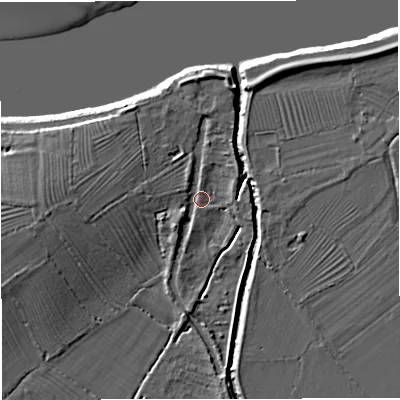 Shaded relief map of the ground around GL27LH, computed from Environment Agency LiDAR. The ground here sits at about 9 m above sea level and falls 9 m across the surrounding 800 m. Surface water reaching this point runs off ground lying to the west-north-west, 3.4 m higher.