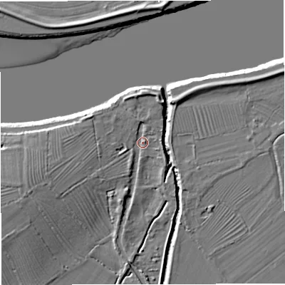 Shaded relief map of the ground around GL27LJ, computed from Environment Agency LiDAR. The ground here sits at about 9 m above sea level and falls 9 m across the surrounding 800 m. Surface water reaching this point runs off ground lying to the west-south-west, 3.4 m higher.