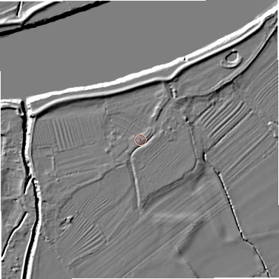 Shaded relief map of the ground around GL27LL, computed from Environment Agency LiDAR. The ground here sits at about 9 m above sea level and falls 7 m across the surrounding 800 m. Surface water reaching this point runs off ground lying to the north-east, 3.0 m higher.