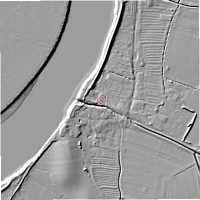 Shaded relief map of the ground around GL27LN, computed from Environment Agency LiDAR. The ground here sits at about 8 m above sea level and falls 7 m across the surrounding 800 m. Surface water reaching this point runs off ground lying to the south, 3.2 m higher.
