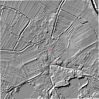 Shaded relief map of the ground around GL27LW, computed from Environment Agency LiDAR. The ground here sits at about 7 m above sea level and falls 4 m across the surrounding 800 m. Surface water reaching this point runs off ground lying to the south-south-east, 2.8 m higher.