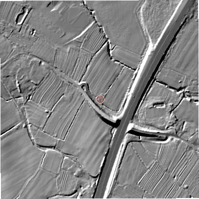 Shaded relief map of the ground around GL27LZ, computed from Environment Agency LiDAR. The ground here sits at about 19 m above sea level and falls 15 m across the surrounding 800 m. Surface water reaching this point runs off ground lying to the south-south-east, 9.2 m higher.