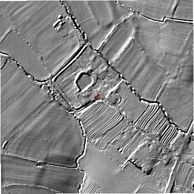 Shaded relief map of the ground around GL27NB, computed from Environment Agency LiDAR. The ground here sits at about 11 m above sea level and falls 9 m across the surrounding 800 m. Surface water reaching this point runs off ground lying to the south-east, 4.4 m higher.