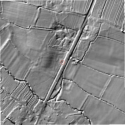 Shaded relief map of the ground around GL27ND, computed from Environment Agency LiDAR. The ground here sits at about 13 m above sea level and falls 11 m across the surrounding 800 m. Surface water reaching this point runs off ground lying to the north-east, 1.7 m higher.