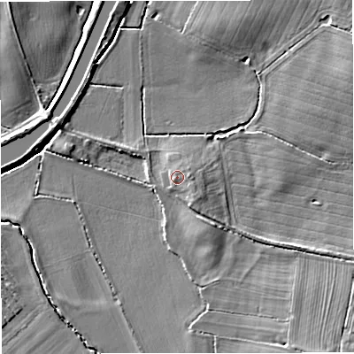 Shaded relief map of the ground around GL27NE, computed from Environment Agency LiDAR. The ground here sits at about 10 m above sea level and falls 7 m across the surrounding 800 m. Surface water reaching this point runs off ground lying to the east, 1.3 m higher.