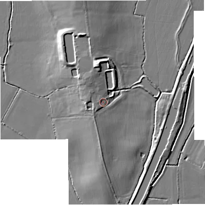 Shaded relief map of the ground around GL27NF, computed from Environment Agency LiDAR. The ground here sits at about 11 m above sea level and falls 11 m across the surrounding 800 m. Surface water reaching this point runs off ground lying to the west, 1.9 m higher.