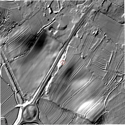 Shaded relief map of the ground around GL27PB, computed from Environment Agency LiDAR. The ground here sits at about 28 m above sea level and falls 26 m across the surrounding 800 m. Surface water reaching this point runs off ground lying to the east, 9.0 m higher.